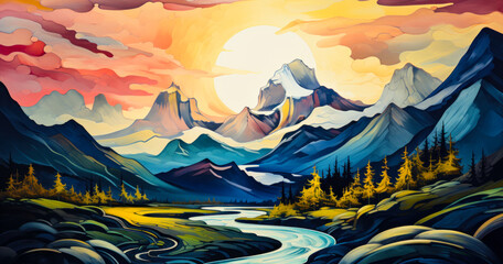 Colorful Abstract Painting: Majestic Mountain Range