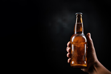 a male hand holding up a bottle of beer isolated on a black background with copy space