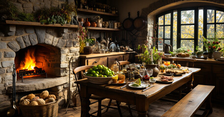 Fototapeta na wymiar Cozy Countryside: Wine Enjoyment in a Country Kitchen