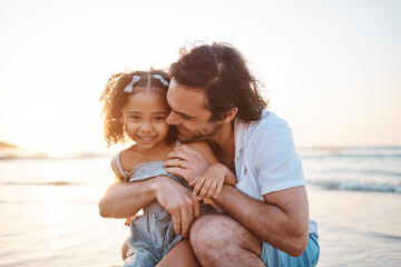 Hug, portrait and a child and father at the beach for holiday, care and love together after...