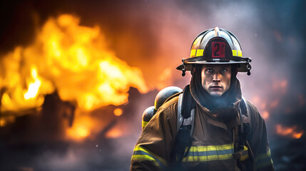 Firefighter in fire fighting operation, fireman in protective clothing and helmet with equipment in action fighting, wearing a fire suit for safety under the danger case.Generative AI