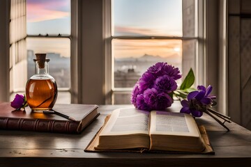 still life with flowers, Still life arrangement of antique books, a delicately curved glass bottle, and vibrant purple florals