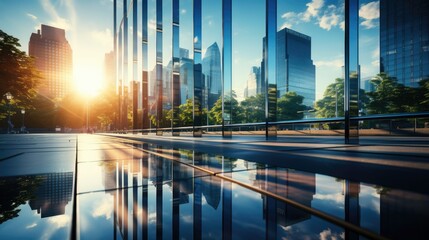 Reflective skyscrapers, office buildings. Low-angle shooting of glass parts of hinged walls of high-rise buildings. Generated by AI