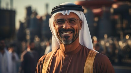 Successful Muslim Arab businessman with an oil refinery. Generated by AI - obrazy, fototapety, plakaty
