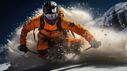 The skier confidently and accurately descends, dressed in bright ski equipment. Generated by AI