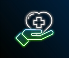 Glowing neon line Heart with a cross icon isolated on black background. First aid. Healthcare, medical and pharmacy sign. Colorful outline concept. Vector