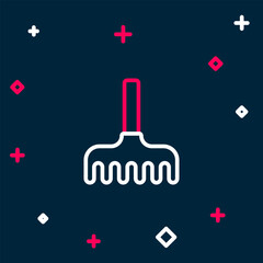 Line Garden rake icon isolated on blue background. Tool for horticulture, agriculture, farming. Ground cultivator. Colorful outline concept. Vector