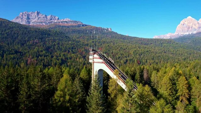 Aerial view of the Ski jumping hill of Cortina d'Ampezzo, Veneto, Italy