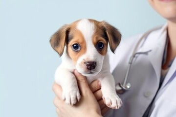 Veterinary examination of dogs. Puppy in the hands of a doctor at a veterinary clinic. Generated by AI