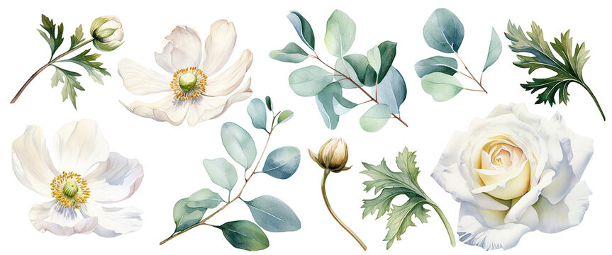 Fototapeta watercolor drawing, set of white flowers and green eucalyptus leaves. flowers and buds of roses, poppies, anemones