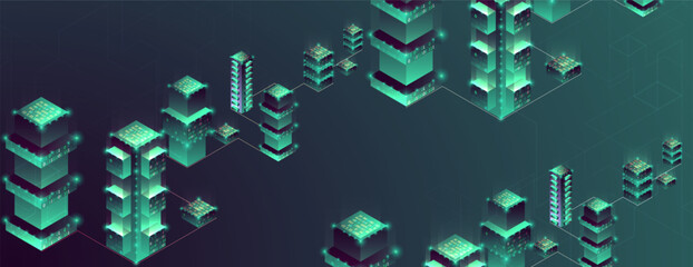 Smart city. Isometric big data concept, database.  Abstract technology background.