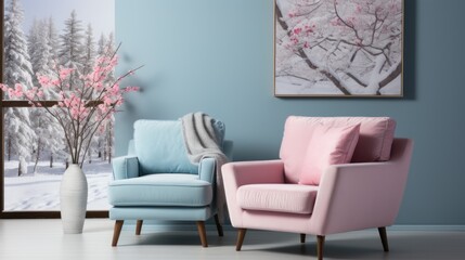 Two pink and blue chairs next to a window. AI.