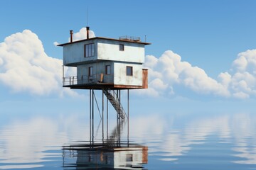 A house on stilts in the middle of a body of water. AI.