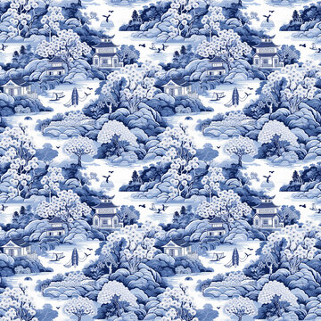 Blue Willow seamless Pattern, Chinese Blue Willow Motifs, Scrapbooking, Chinoiserie digital seamless paper