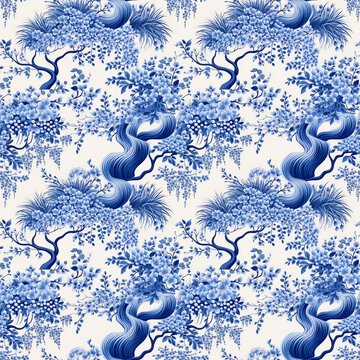 Blue Willow seamless Pattern, Chinese Blue Willow Motifs, Scrapbooking, Chinoiserie digital seamless paper