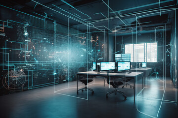 A modern office background serves as the perfect canvas for an abstract virtual stats data hologram, created through multi-exposure techniques. Generative AI