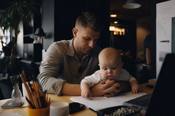 Man works in an office and brings his baby to work. Family friendly concept of child care in modern company. Criticism of the lack of kindergarten places. Generative AI