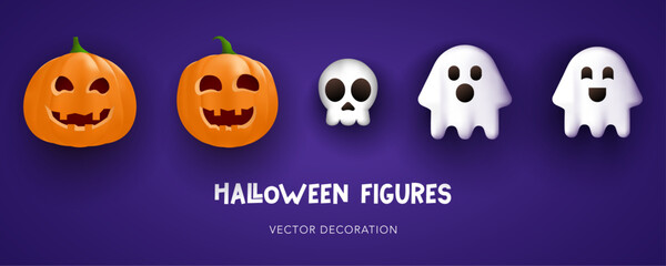 Happy Halloween figures. Cute 3d realistic pumpkins, skull and ghosts. Vector illustration for website, social media, background, banner, templete, advertising, brochure, flyer, poster, decoration.