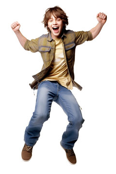 Happy boy jumping isolated on white or transparent background cutout. Generative AI