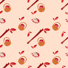 Watercolor seamless patern with autumn leaves and backets. Seasonal wrapping paper. Fall. Raster illustration for packaging, wallapers, wrapping paper, textile.