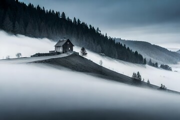 hillside near the village in morning mist