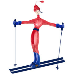 Watercolor female skier in red sweater. Winter isolated illustration. Sport. Clipart. Raster illustration for resort and ski tourism