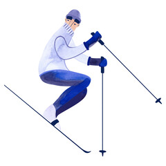 Watercolor male skier in blue sweater. Winter isolated illustration. Sport. Clipart. Raster illustration for resort and ski tourism