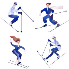 Set of watercolor skiers in blue sweater. Winter isolated illustration. Sport. Clipart. Raster illustration for resort and ski tourism