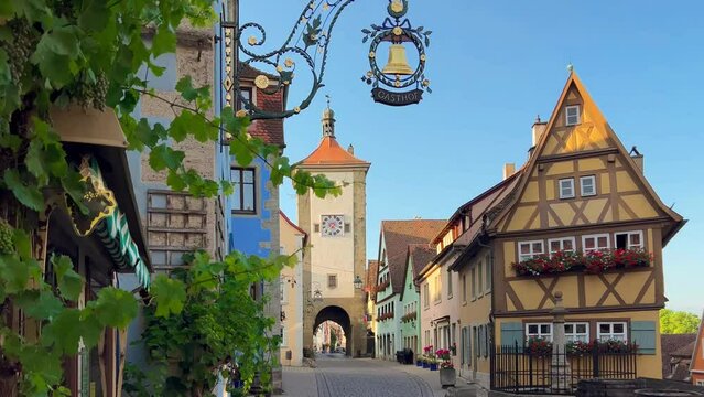 German traditional architecture half-timbered houses in historical center Rothenburg ob der Tauber, Bavaria, Middle Franconia, Germany, July 17, 2023. High quality 4k footage