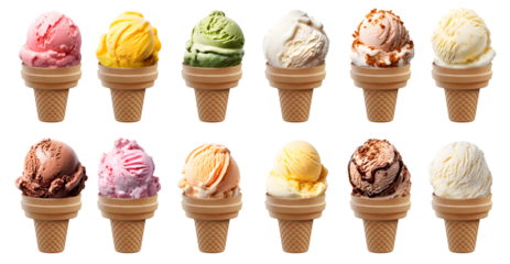 Ice cream scoop on cake cone on transparent background cutout, PNG file. Many assorted different flavour Mockup template for artwork design