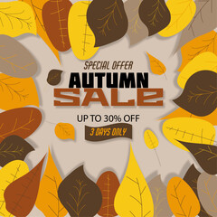 Autumn sale poster design with colorful leaves on beige background. Sale discount text to promote autumn season