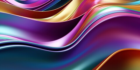 Metallic rainbow gradient waves abstract background. Iridescent chrome wavy surface. Liquid...
