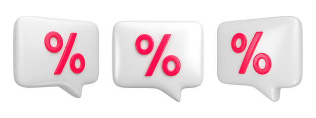 Set of percent tag offer promotion message bubble icon isolated. Price discount red emblems for sales and shopping online concept. 3d rendering.