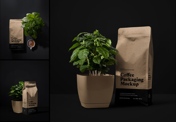 3 Coffee Packaging Bag Mockup with Arabica Tree. Gusset Pouch