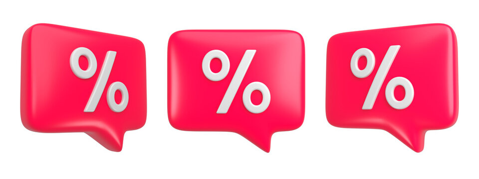 Set of red percent offer promotion message bubble isolated. Price discount icon for sales and shopping online concept. 3d rendering.