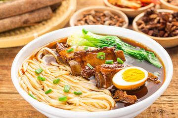 A bowl of braised pork ribs noodles