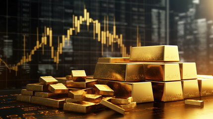 Gold bars and glowing market data chart, forex trading diagram in the background, generative ai