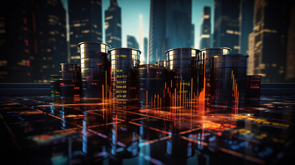 Oil barrels on a digital background representing oil market price, stock trading, generative ai