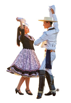 full body portrait young adult latin american couple dancing cueca traditional dance with huaso dress isolated