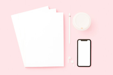 Things on my desk flat lay, magazine cover and mobile phone mockup