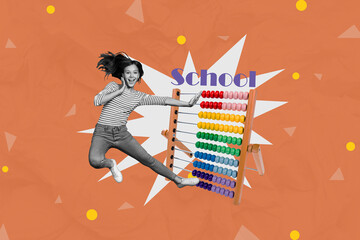 Magazine collage picture of smiling excited little schoolkid learning abacus math isolated orange color background