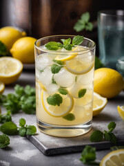 fresh glass of lemonade with mint and lemon