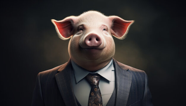 A headshot of a neatly dressed hedge fund pig businessman in a suit. Symbolises corporate greed, inequality, gluttony, excess and corruption.