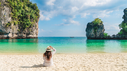 Traveler woman relaxing on vacation beach joy nature view scenic landscape Hong island Krabi, Attraction famous place tourist travel Phuket Thailand summer holiday, Tourism beautiful destination Asia
