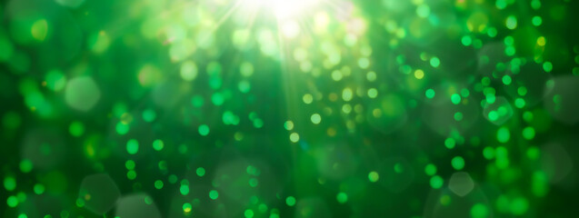 Christmas background - abstract banner - green blurred bokeh lights - festive header with beautiful rays - 632613333