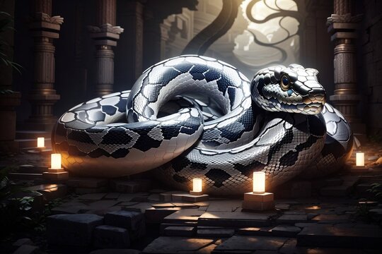 Enigmatic snake illuminated in ambient glow, weaving through forgotten temple. Intriguing, mystical scene.