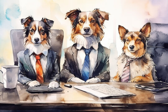 Cute businessman dogs working in the office, Generative AI