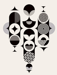 Abstract geometric patterned poster. Art composition of circles, squares and sector. - 632613769