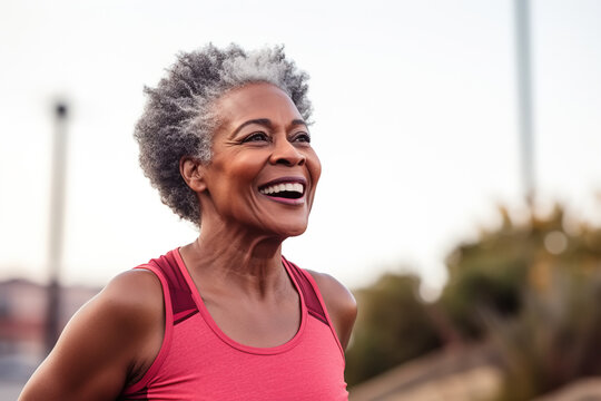 Happy middle aged african american active woman exercising outdoors, senior jogger. Running smiling afro pensioner