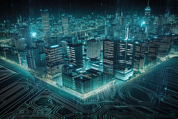 Smart green city on circuit board background. Futuristic cyberspace concept. Generated AI